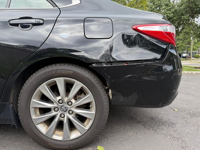 Left side: quarter panel dent and bumper detached above the wheel arch